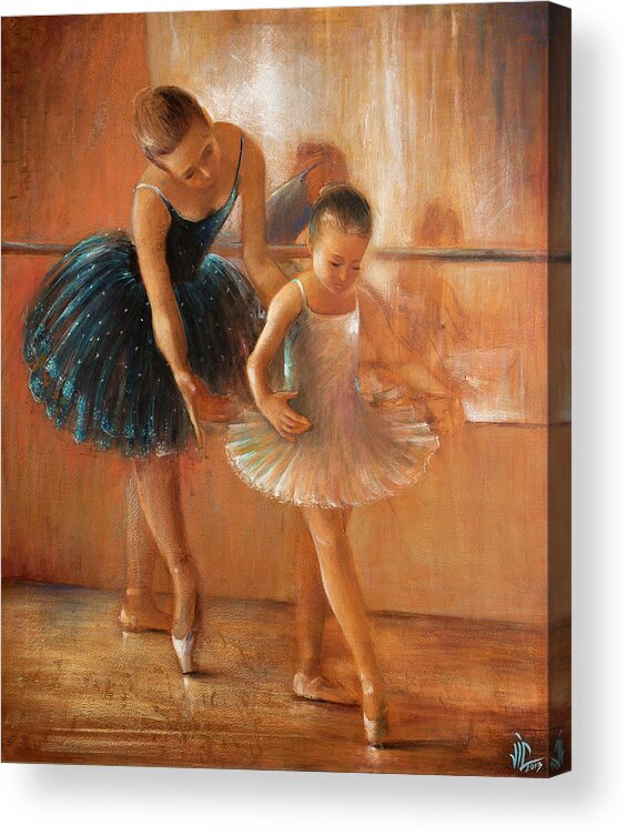 Ballet Acrylic Print featuring the painting ballet lesson-painting on leather by Vali Irina Ciobanu by Vali Irina Ciobanu