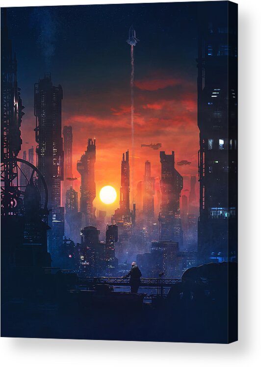 Scifi Acrylic Print featuring the painting Barcelona Smoke and Neons The End by Guillem H Pongiluppi