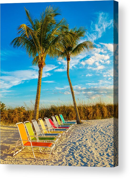 Fort Myers Acrylic Print featuring the photograph Beach Lounges under Palms by Robert FERD Frank