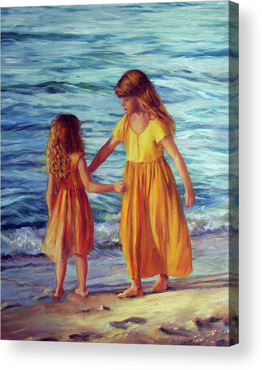 Two Sisters Acrylic Print featuring the painting Beach Play by Marie Witte