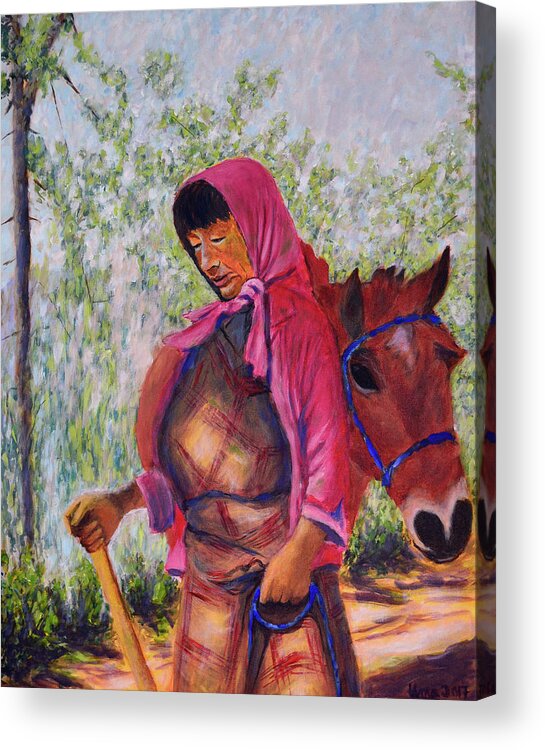 Woman Acrylic Print featuring the painting Bhutan series - Woman with the horse by Uma Krishnamoorthy