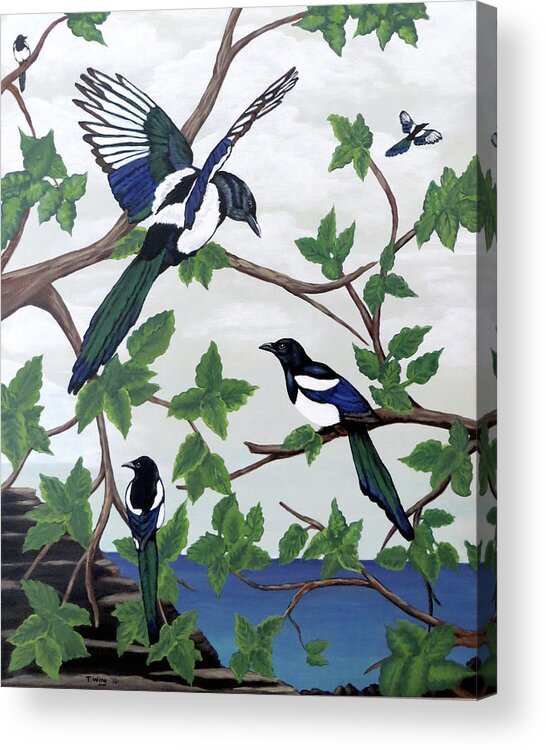 Magpies Acrylic Print featuring the painting Black Billed Magpies by Teresa Wing
