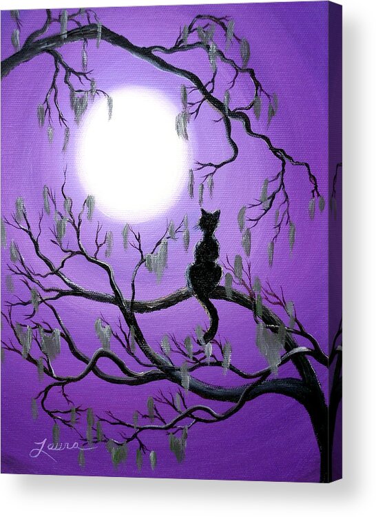 Painting Acrylic Print featuring the painting Black Cat in Mossy Tree by Laura Iverson