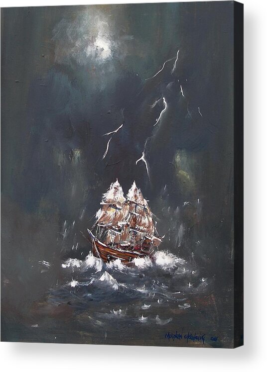 Black Storm Ship Canvas Wave Night Sea Ocean Thunderstorm Seascape Painting Print Moon Light Lightning Danger Boat Sail Water Shore Sailing Element Nautical Navigate Sail Cloth Acrylic Print featuring the painting Black Storm by Miroslaw Chelchowski