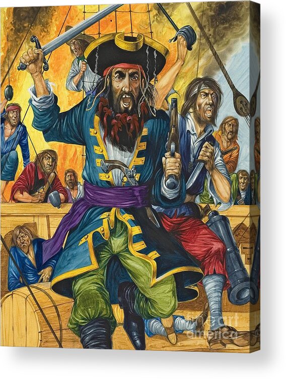 Pirate; Black Beard; Pirates; Captain; Sailors; Sailor; Sailing Ship; Traditional Costume; Fierce; Deck; Sword; Pistol; Gun Acrylic Print featuring the painting Blackbeard by Richard Hook
