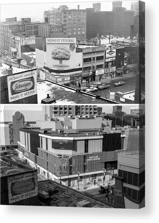 Then_now Acrylic Print featuring the photograph Block 'E' in Minneapolis by Mike Evangelist