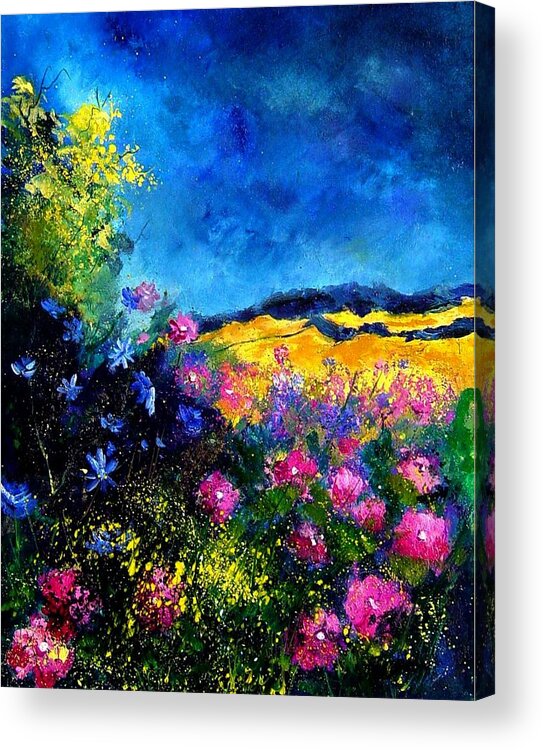 Landscape Acrylic Print featuring the painting Blue and pink flowers by Pol Ledent