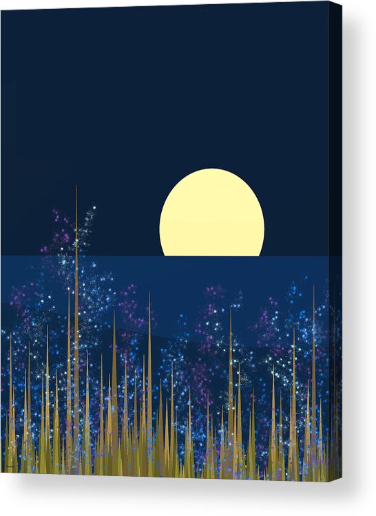 Blue Flowers Bloom At Night Acrylic Print featuring the digital art Blue Flowers Bloom at NIght by Val Arie