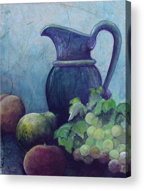 Still Life Acrylic Print featuring the painting Blue Pitcher with Pear by Sandy Clift