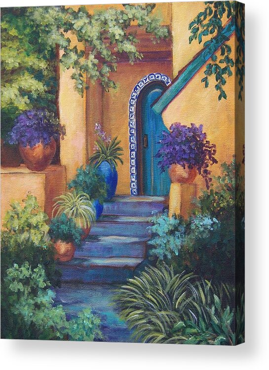 Adobe House Acrylic Print featuring the painting Blue Tile Steps by Candy Mayer