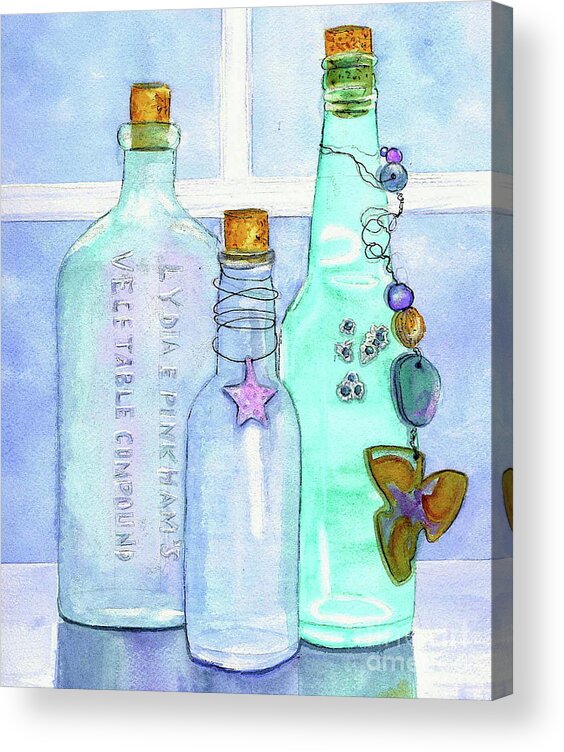 Bottles Acrylic Print featuring the painting Bottles with Barnacles by Midge Pippel