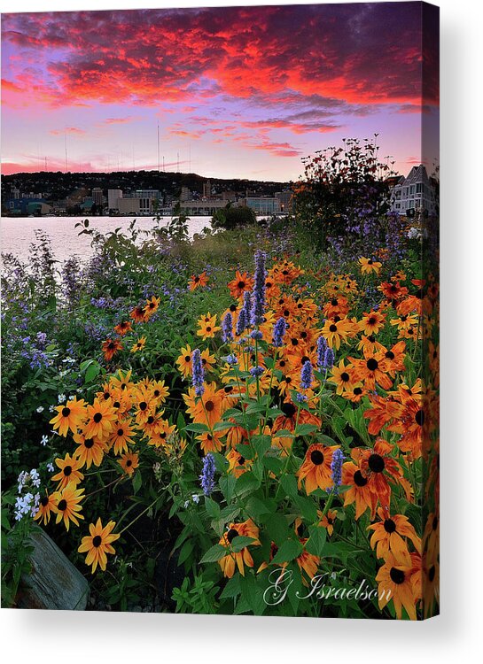 Clouds-flowers-evening-sky-garden-duluth Mn-harbor Acrylic Print featuring the photograph Bounty of Beauty by Gregory Israelson