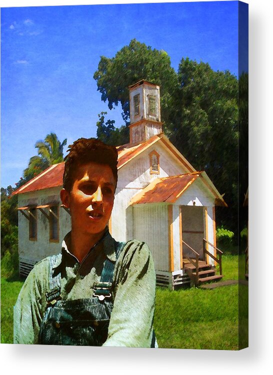 Farmer Acrylic Print featuring the photograph Boy and Church by Timothy Bulone