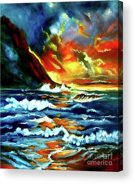 Sunset On Fire Acrylic Print featuring the painting Brilliant Hawaiian Sunset by Jenny Lee