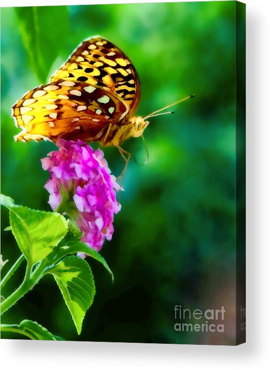 Butterfly; Flower; Pink; Pink Flower; Lantana; Pink Lantana; Nature; Nature Pictures; Butterfly Pictures; Butterfly Pictures; Digital Art; Nature Digital Art; Butterfly Digital Art; Flower Digital Art; Closeup; Colorful; Contrasting Colors; Greens; Yellows; Pinks; Oranges; No People; Butterfly Art Acrylic Print featuring the digital art Butterfly Landing by Sherry Curry