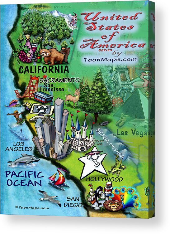 California Acrylic Print featuring the digital art California Fun Map by Kevin Middleton