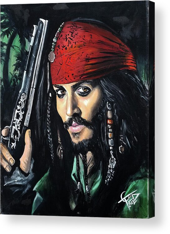 Johnny Depp Acrylic Print featuring the painting Captain Jack Sparrow by Tom Carlton