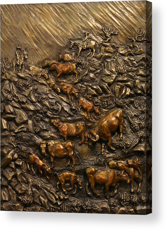 Miniature Acrylic Print featuring the sculpture Cattle Drive by Dawn Senior-Trask