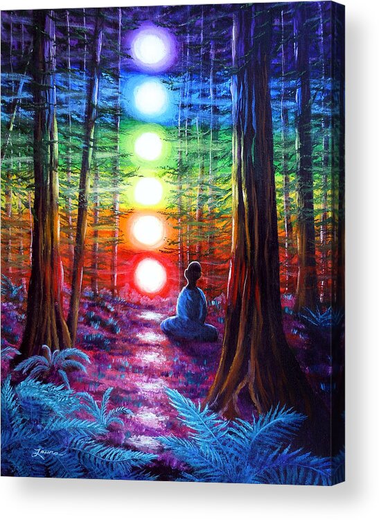 Zen Acrylic Print featuring the painting Chakra Meditation in the Redwoods by Laura Iverson