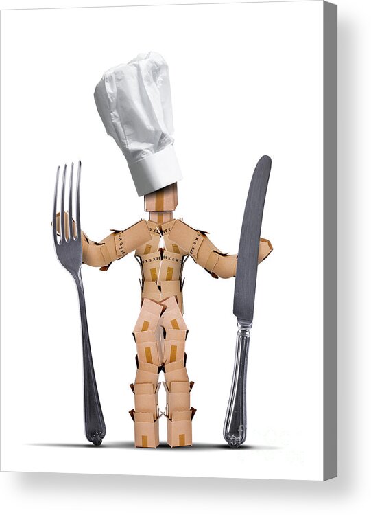 Kitchen Acrylic Print featuring the digital art Chef box man Character with cutlery by Simon Bratt