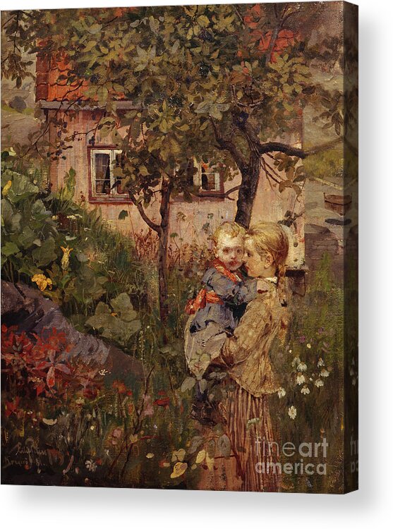 Eilif Peterssen Acrylic Print featuring the painting Children in the garden by Eilif Peterssen