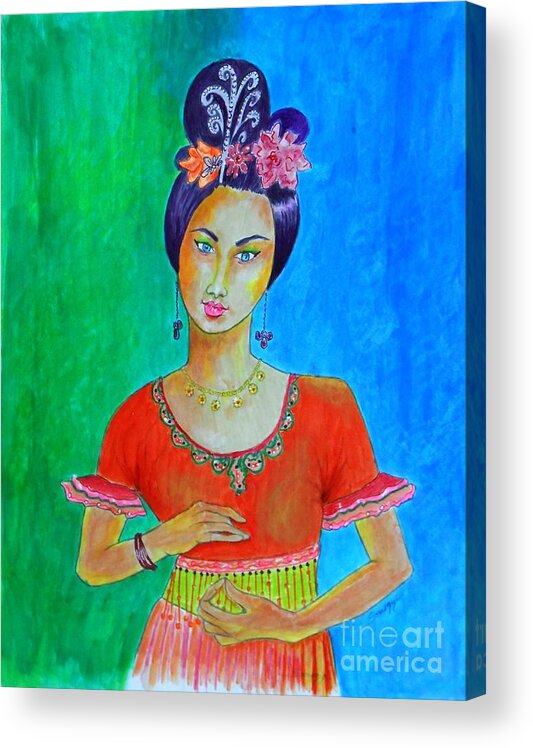 Stylized Acrylic Print featuring the drawing Chinese Dancer -- Portrait of Asian Woman by Jayne Somogy