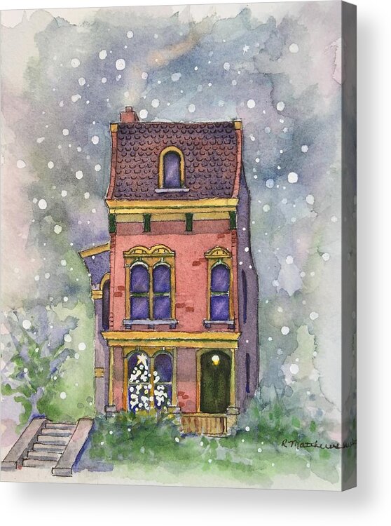 Watercolor Christmas Card Acrylic Print featuring the painting Christmas on North Hill by Rebecca Matthews