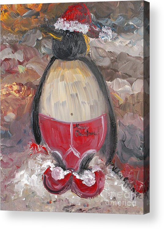 Penguin Acrylic Print featuring the painting Christmas Penguin by Nadine Rippelmeyer