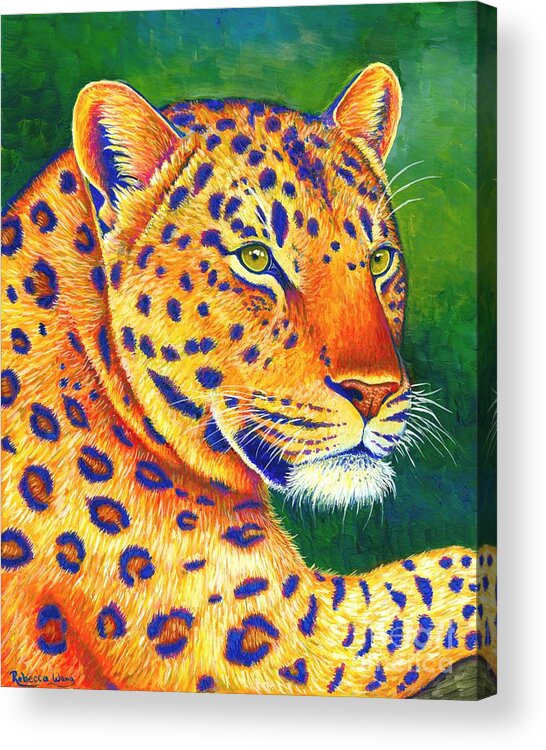 Leopard Acrylic Print featuring the painting Queen of the Jungle - Colorful Leopard by Rebecca Wang