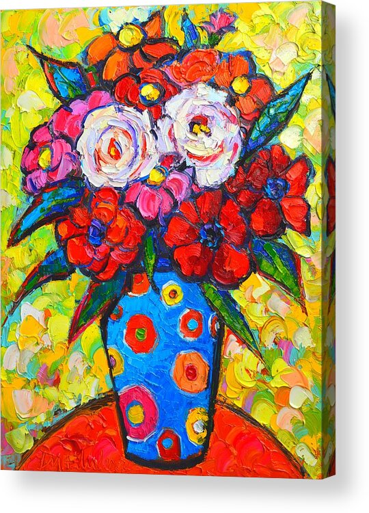 Roses Acrylic Print featuring the painting Colorful Wild Roses Bouquet - Original Impressionist Oil Painting by Ana Maria Edulescu