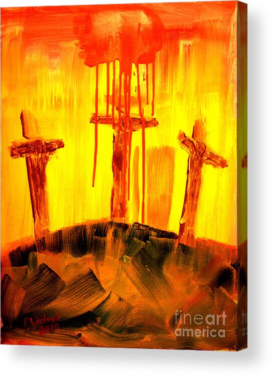 Jesus Acrylic Print featuring the painting Crucifixion Green Hill Far Away by Richard W Linford