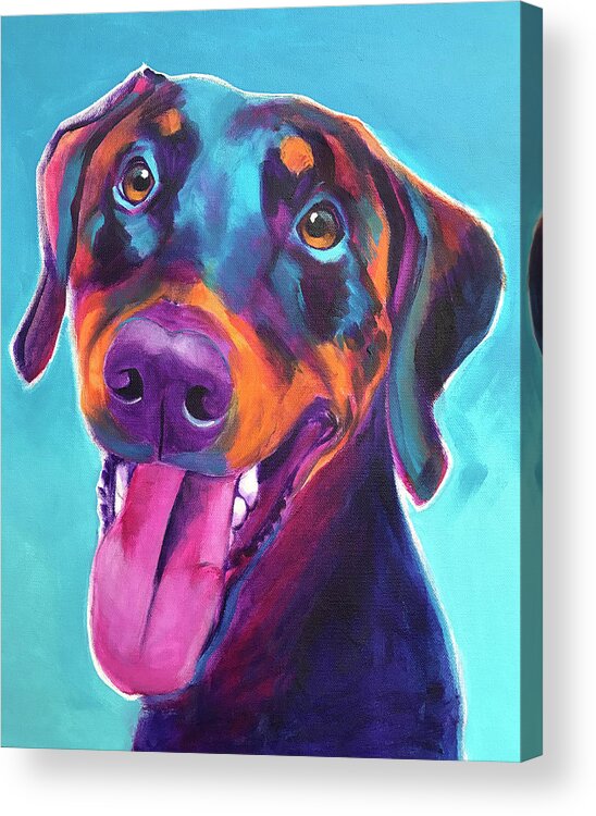 Pet Portrait Acrylic Print featuring the painting Doberman - Annie by Dawg Painter