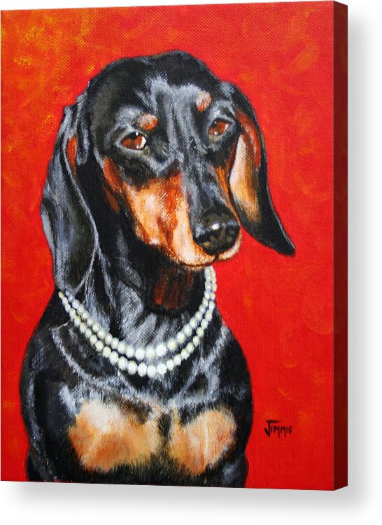 Black Acrylic Print featuring the painting Dachshund in Pearls by Jimmie Bartlett