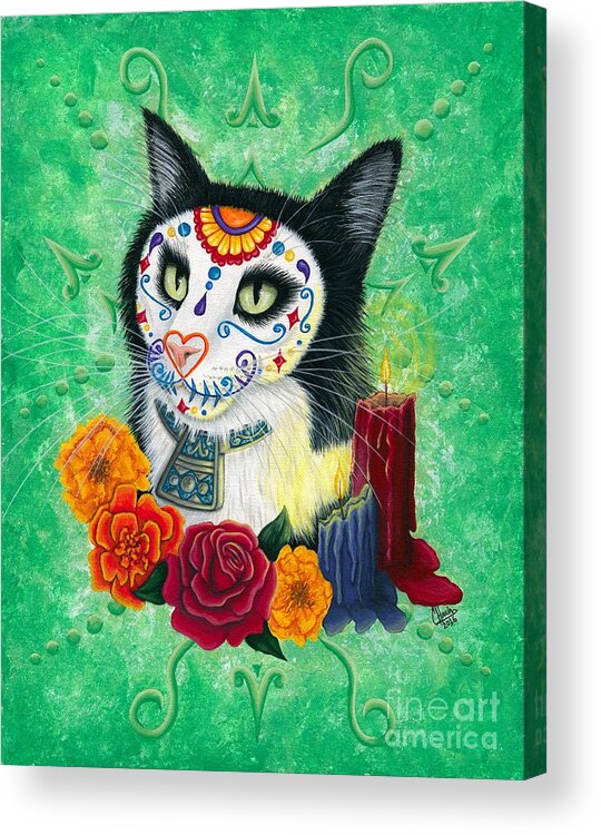 Dia De Los Muertos Gato Acrylic Print featuring the painting Day of the Dead Cat Candles - Sugar Skull Cat by Carrie Hawks