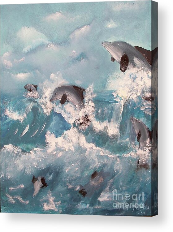 Dolphins At Play Ocean Wave Water Sea Jump Fish Blue Clouds Sky Happy Acrylic On Canvas Painting Seascape Swimming Jumping Under The Sea Acrylic Print featuring the painting Dolphins At Play by Miroslaw Chelchowski