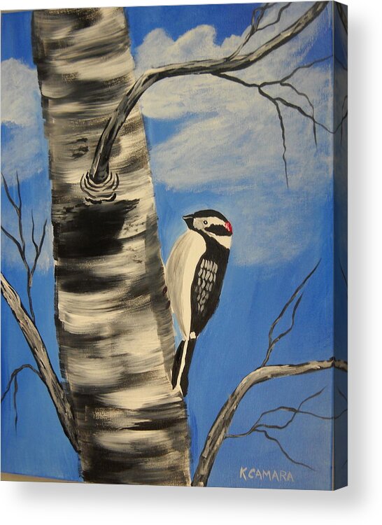 Landscape Acrylic Print featuring the painting Downy Woodpecker by Kathie Camara