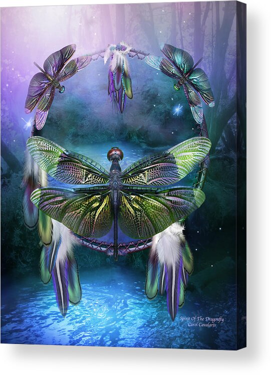 Carol Cavalaris Acrylic Print featuring the mixed media Dream Catcher - Spirit Of The Dragonfly by Carol Cavalaris