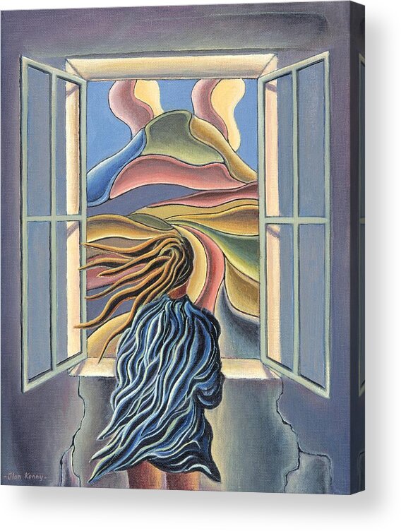 Dreamscape Acrylic Print featuring the painting Dreamscape With Girl By Window by Alan Kenny