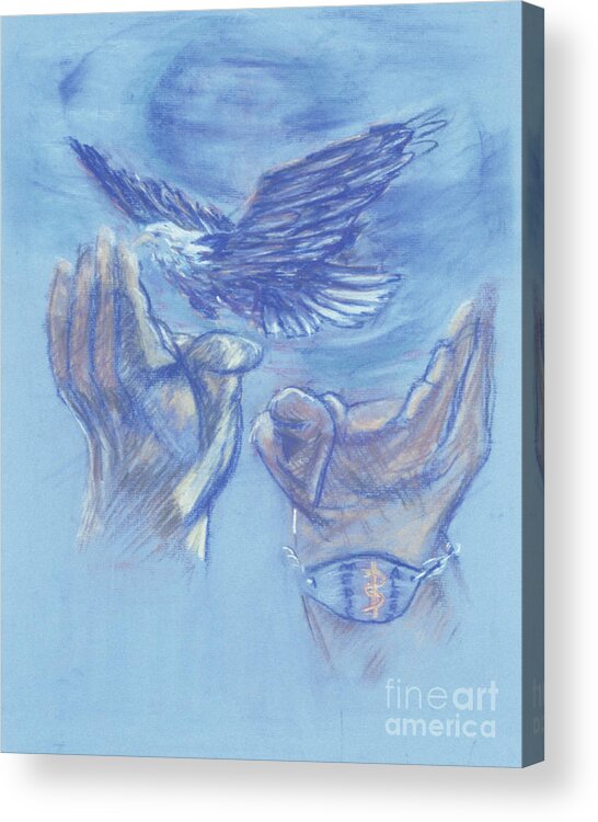 Eagle Hovers Over Ruins Acrylic Print featuring the painting Eagle Flying in Freedom - BGEFF by Fr Bob Gilroy SJ