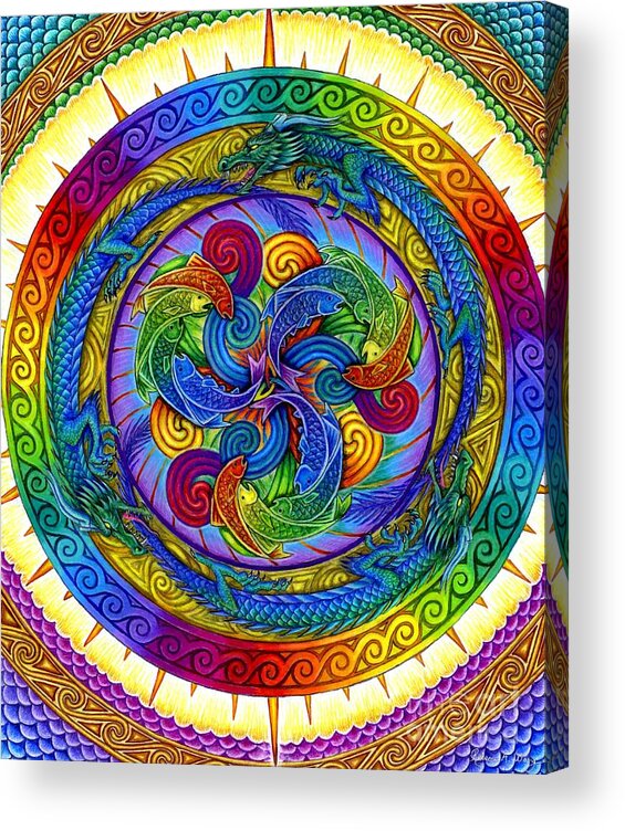 Dragon Acrylic Print featuring the drawing Psychedelic Dragons Rainbow Mandala by Rebecca Wang