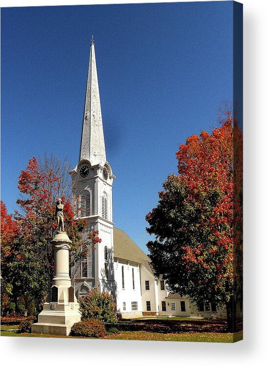 Church In Manchester Acrylic Print featuring the photograph First Congregational Church and Ethan Allen Revolutionary War Patriot Statue in Manchester Vermont by Linda Stern