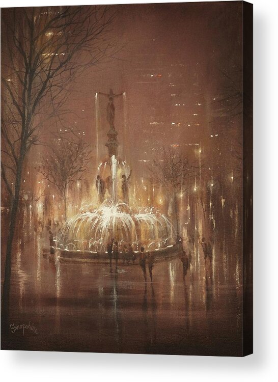 Fountain Square Acrylic Print featuring the painting Fountain Square by Tom Shropshire