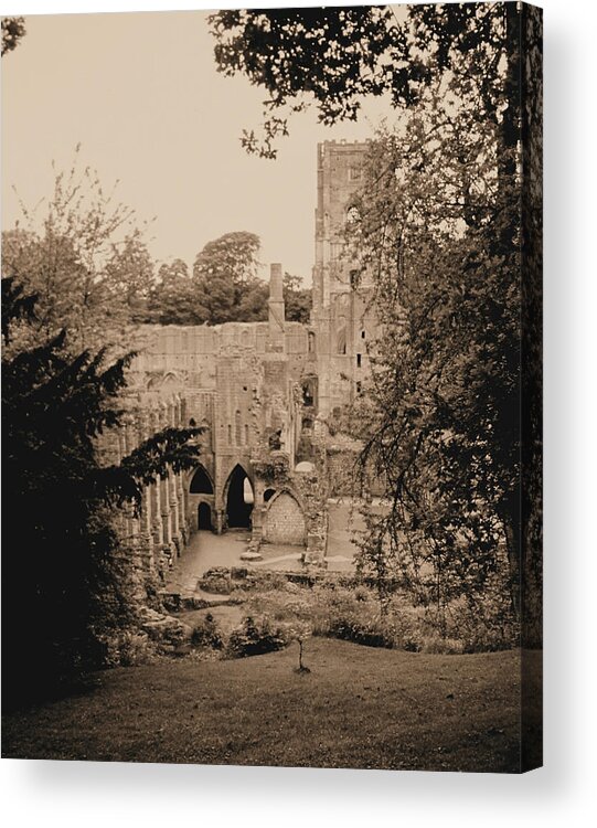 Fountains Fountain Abbey England Sepia Old Medieval Middle Ages Church Monastery Nun Nuns Architecture York Yorkshire Monasteries Aldfield Ruins Saint Century Black Death Claustral Building Cistercian Granges Cathedral Cloister Feudal Acrylic Print featuring the photograph Fountains Abbey #22 by Raymond Magnani