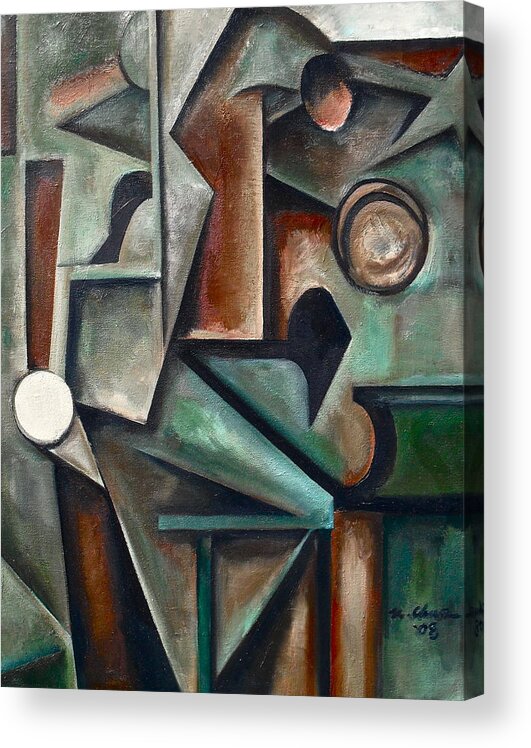 Thelonious Monk John Coltrane Jazz Quartet Piano Saxophone Cubism Acrylic Print featuring the painting Four In One by Martel Chapman