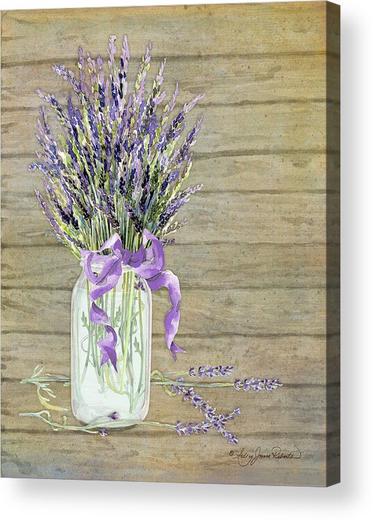 Watercolor Acrylic Print featuring the painting French Lavender Rustic Country Mason Jar Bouquet on Wooden Fence by Audrey Jeanne Roberts