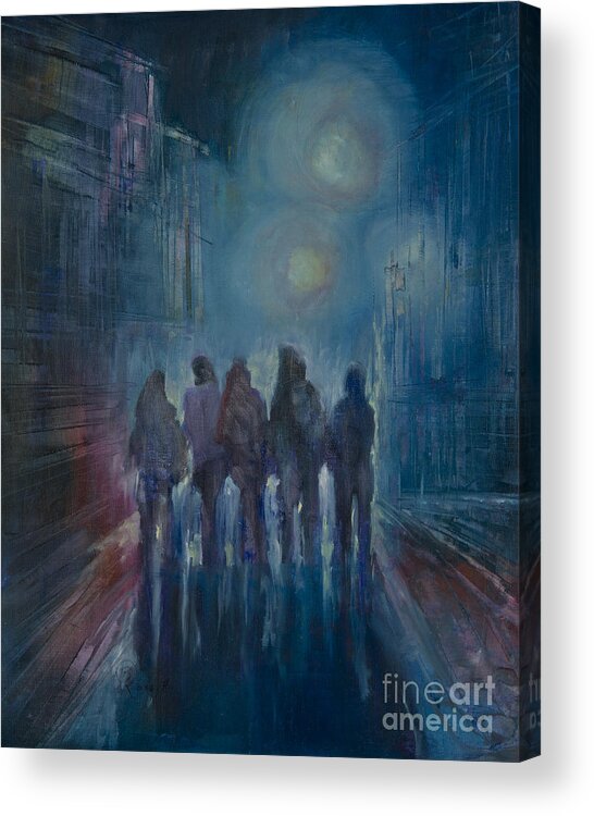 Friends Is A Night Painting Of A Group Of Five Friends Out For A Walk In The City Acrylic Print featuring the painting Friends by B Rossitto