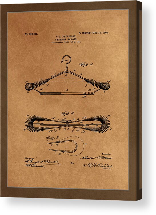 Patent Acrylic Print featuring the mixed media Garment Hanger Patent Drawing by Brian Reaves