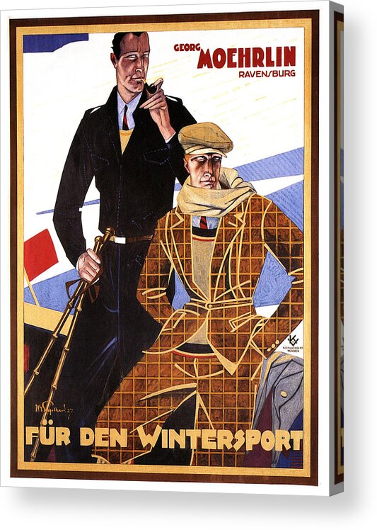 Georg Moehrlin Acrylic Print featuring the mixed media Georg Moehrlin - Ravensburg - Vintage German Fashion Advertising Poster - Wintersport by Studio Grafiikka