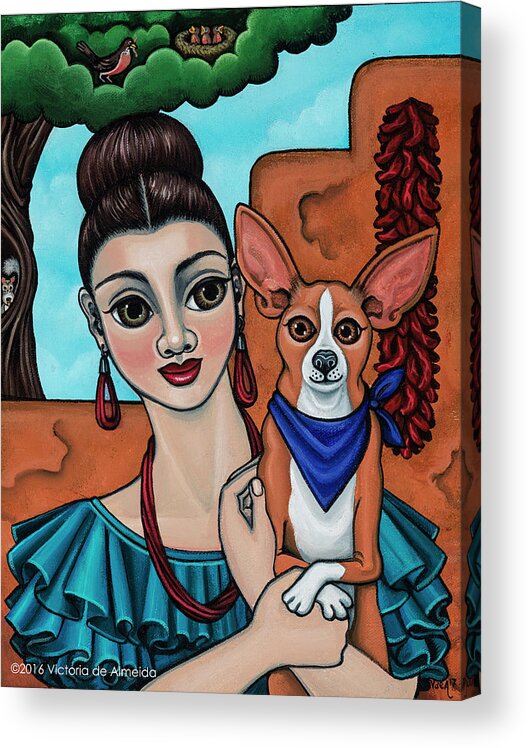 Chihuahua Art Acrylic Print featuring the painting Girl Holding Chihuahua Art Dog Painting by Victoria De Almeida
