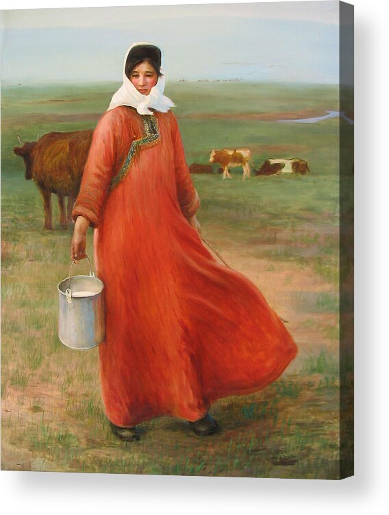 Symbolist Acrylic Print featuring the painting Girl With Red Robe by Ji-qun Chen